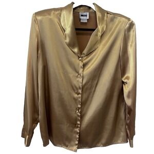 Vintage Leslie Fay Sportwear Gold Satin Blouse 80s Button Up Secretary Boss Lady